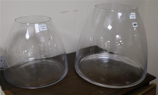 Two large conical shaped glass vases tallest 40cm